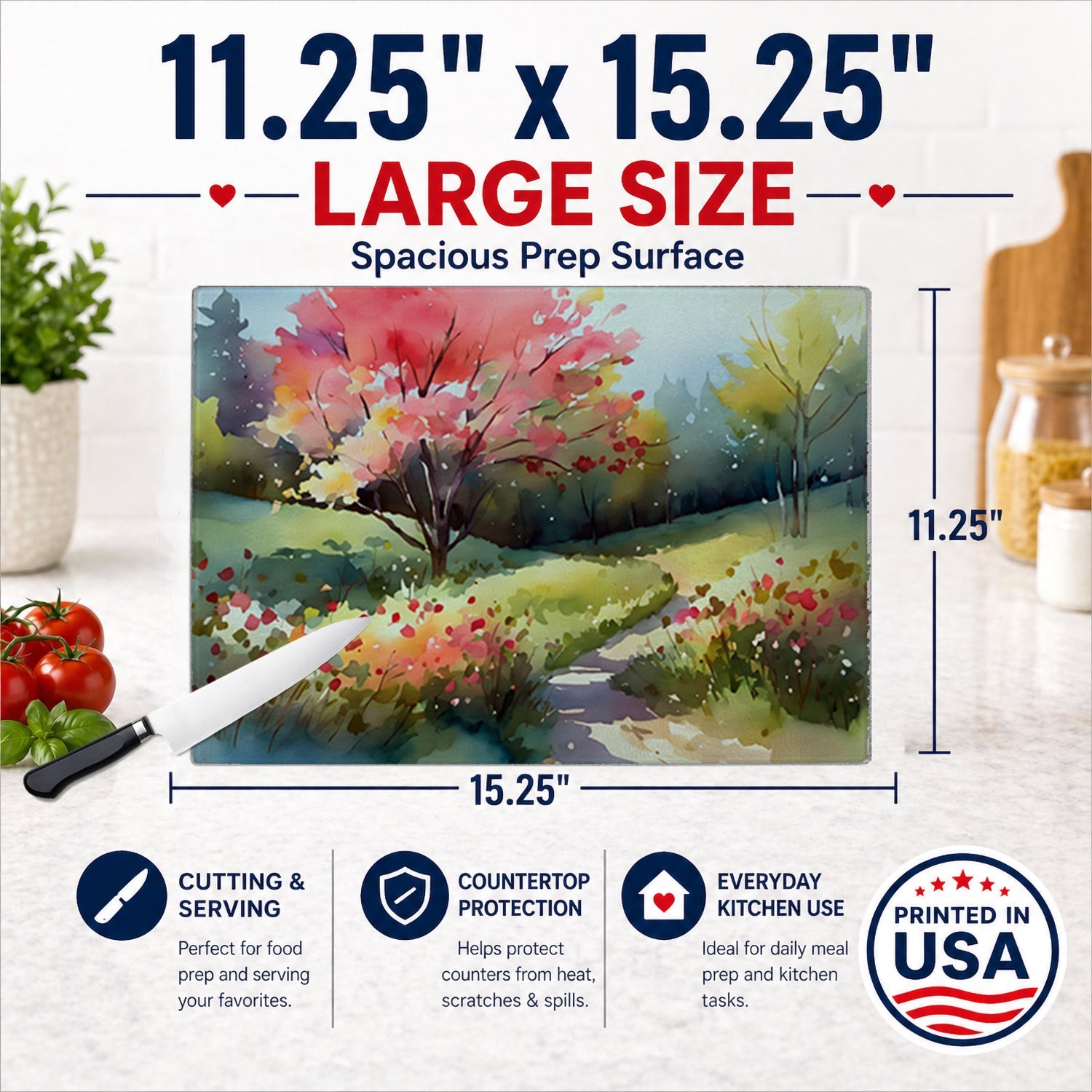 North Carolina Dogwoods in Watercolor Cutting Board Tempered Glass Kitchen Cutting Surface, Heat Resistant Chopping, Non-Slip Feet, Food Prep & Serving