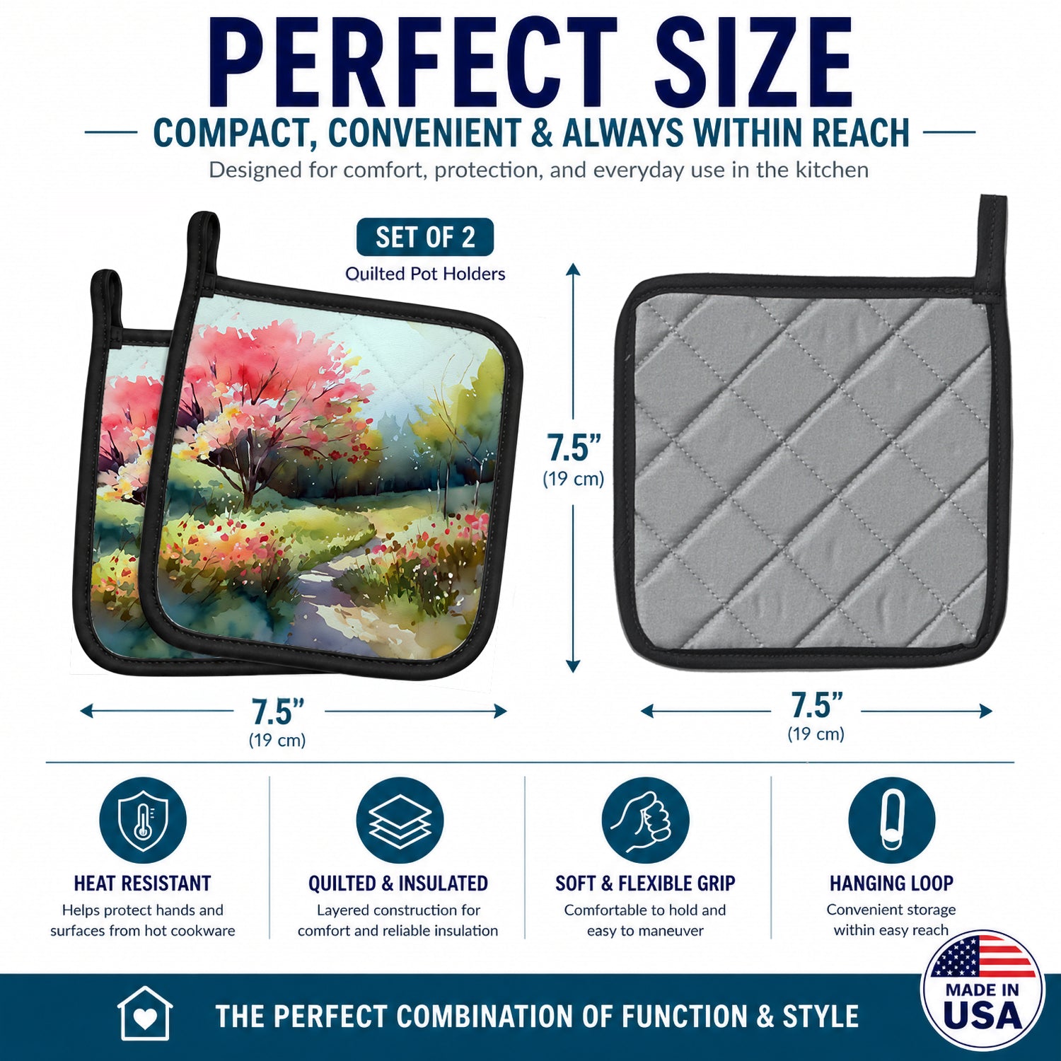 North Carolina Dogwoods in Watercolor Pot Holder Set of 2 Heat Resistant Quilted Hot Pads 7.5 x 7.5 Inch, Insulated Kitchen Trivets for Cooking & Baking