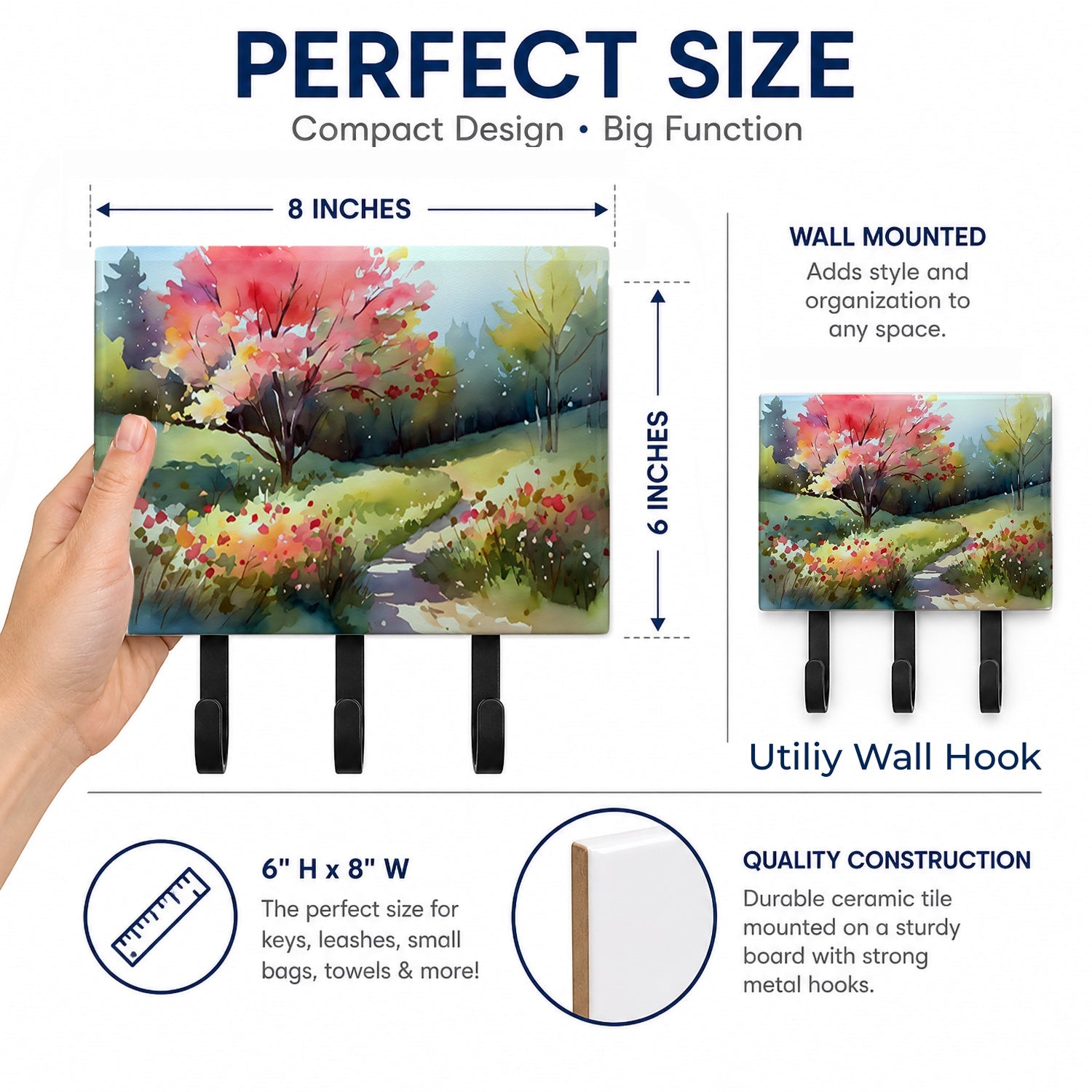 North Carolina Dogwoods in Watercolor Leash or Key Holder Wall Hooks, Coat Rack Wall Mount, for Hanging Keys, Towels, Aprons, Leashes