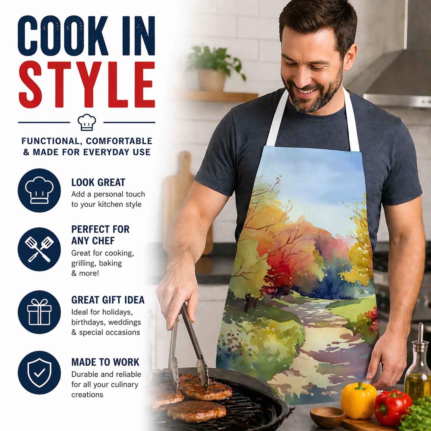 North Carolina Dogwoods in Watercolor Apron Cooking Kitchen Server Baking Crafts Gardening for Adult Women Men, Unisex, Large, Multicolor