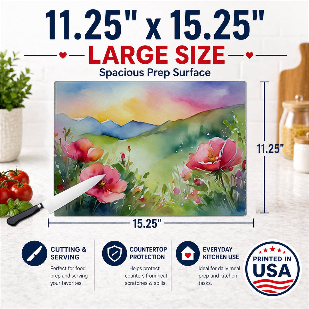 North Dakota Wild Prairie Roses in Watercolor Cutting Board Tempered Glass Kitchen Cutting Surface, Heat Resistant Chopping, Non-Slip Feet, Food Prep & Serving