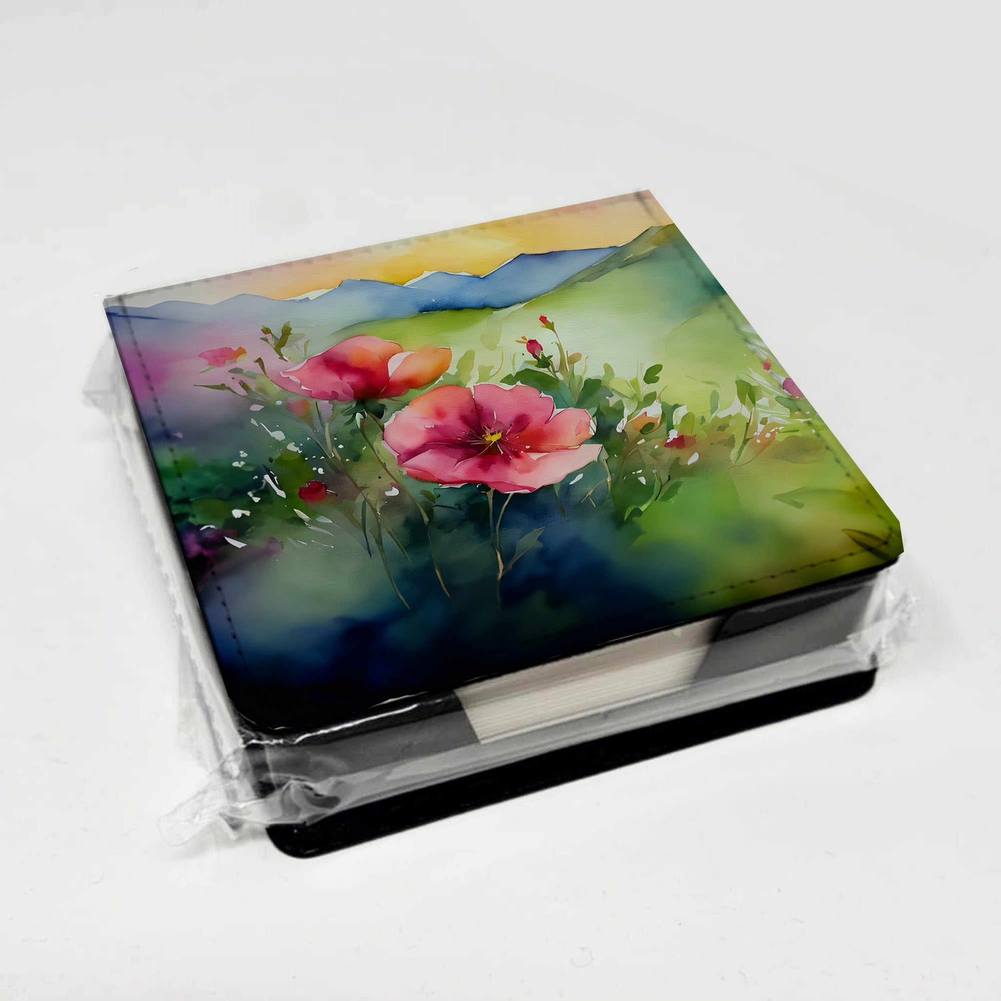 North Dakota Wild Prairie Roses in Watercolor PU Leather Note Paper Holder with Artist-Designed Cover, Desk Accessory, Office Gift