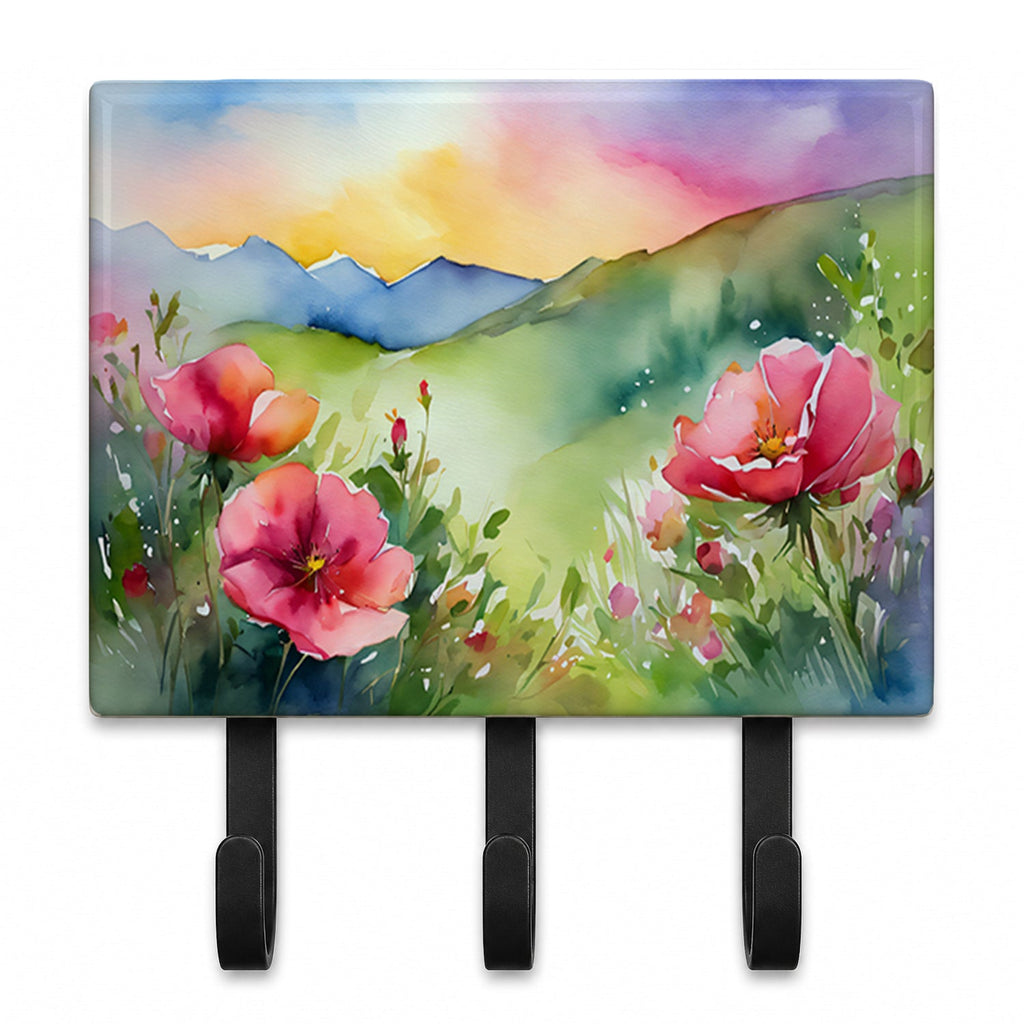 North Dakota Wild Prairie Roses in Watercolor Leash or Key Holder Wall Hooks, Coat Rack Wall Mount, for Hanging Keys, Towels, Aprons, Leashes
