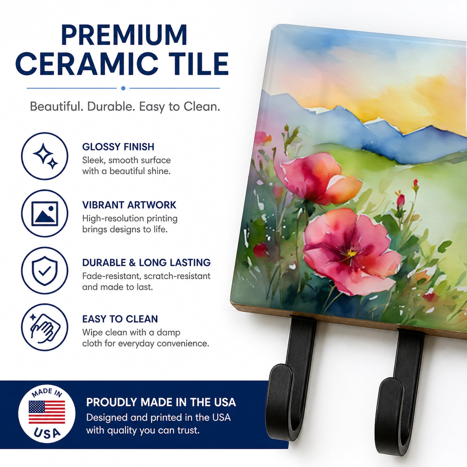 North Dakota Wild Prairie Roses in Watercolor Leash or Key Holder Wall Hooks, Coat Rack Wall Mount, for Hanging Keys, Towels, Aprons, Leashes