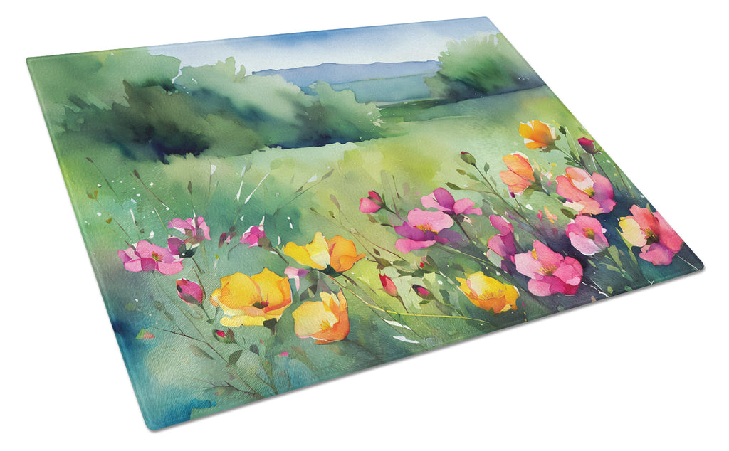 North Dakota Wild Prairie Roses in Watercolor Cutting Board Tempered Glass Kitchen Cutting Surface, Heat Resistant Chopping, Non-Slip Feet, Food Prep & Serving