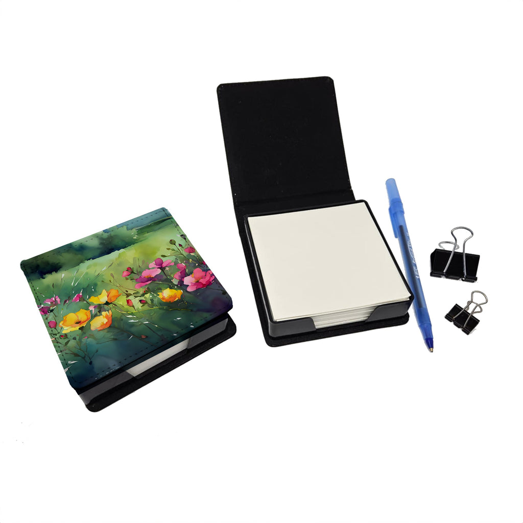 North Dakota Wild Prairie Roses in Watercolor PU Leather Note Paper Holder with Artist-Designed Cover, Desk Accessory, Office Gift
