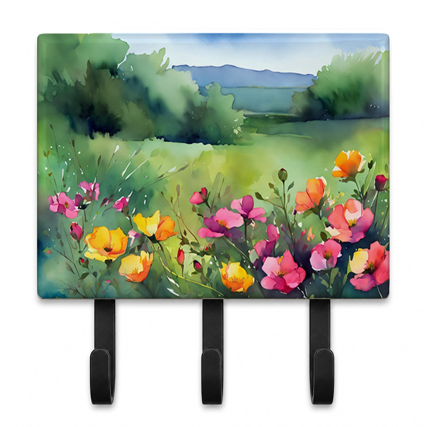 North Dakota Wild Prairie Roses in Watercolor Leash or Key Holder Wall Hooks, Coat Rack Wall Mount, for Hanging Keys, Towels, Aprons, Leashes