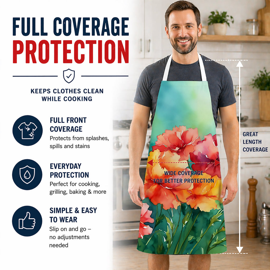 Ohio Scarlet Carnations in Watercolor Apron Cooking Kitchen Server Baking Crafts Gardening for Adult Women Men, Unisex, Large, Multicolor