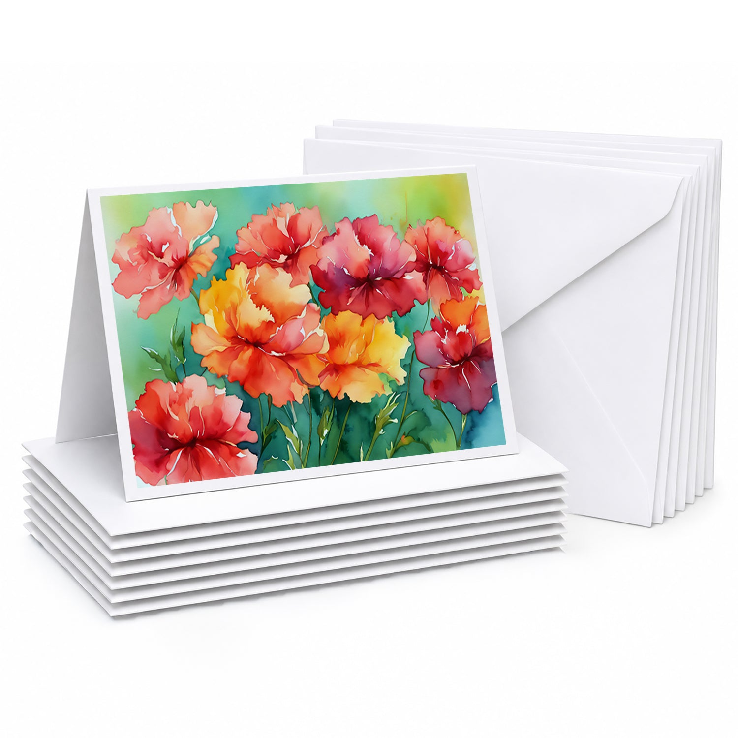 Ohio Scarlet Carnations in Watercolor Greeting Cards Pack of 8 Blank Cards with Envelopes Whimsical A7 Size 5x7