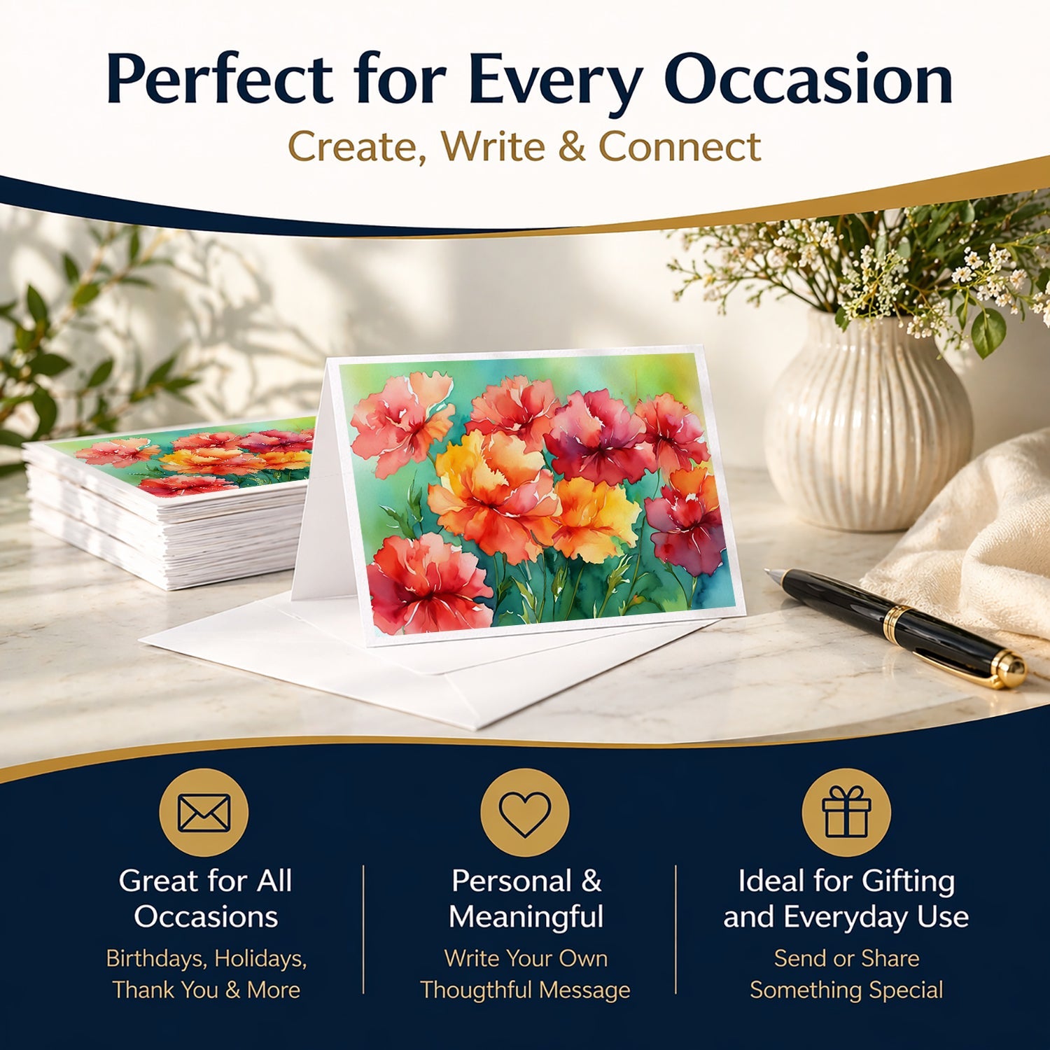 Ohio Scarlet Carnations in Watercolor Greeting Cards Pack of 8 Blank Cards with Envelopes Whimsical A7 Size 5x7
