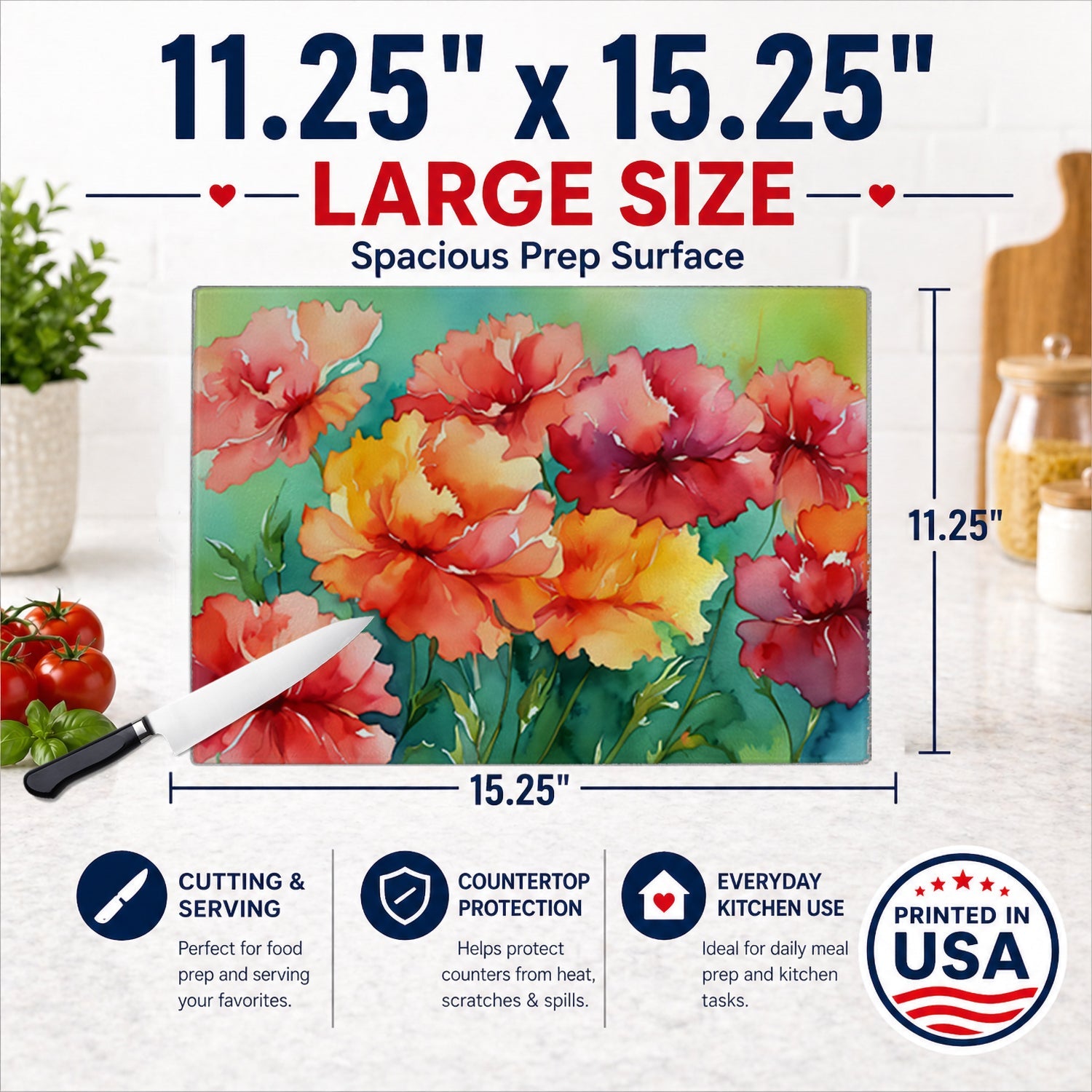 Ohio Scarlet Carnations in Watercolor Cutting Board Tempered Glass Kitchen Cutting Surface, Heat Resistant Chopping, Non-Slip Feet, Food Prep & Serving