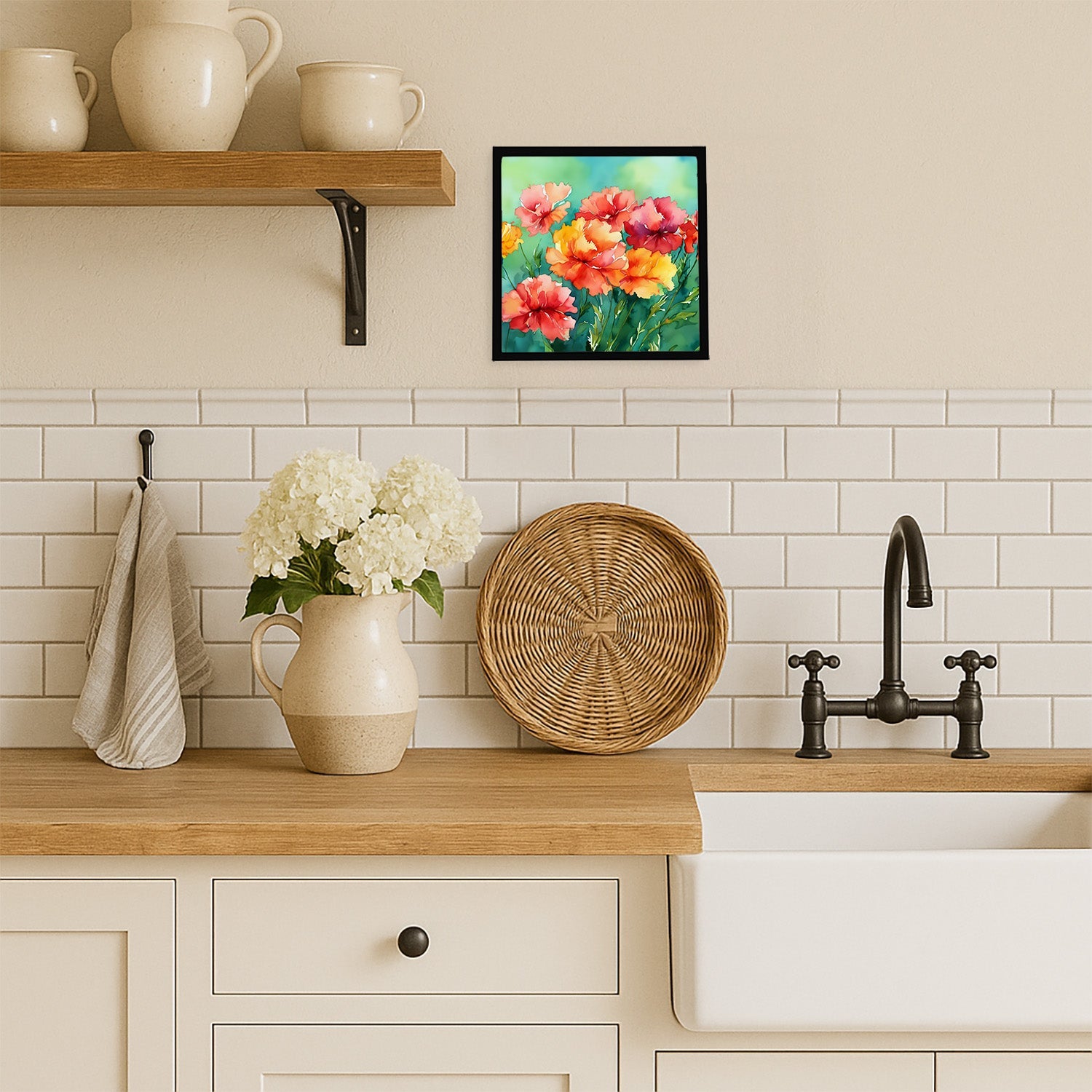 Ohio Scarlet Carnations in Watercolor Framed Metal Print Bathroom, Kitchen, Office, Home Decor Wall Art Ready to Hang, Square, 8X8
