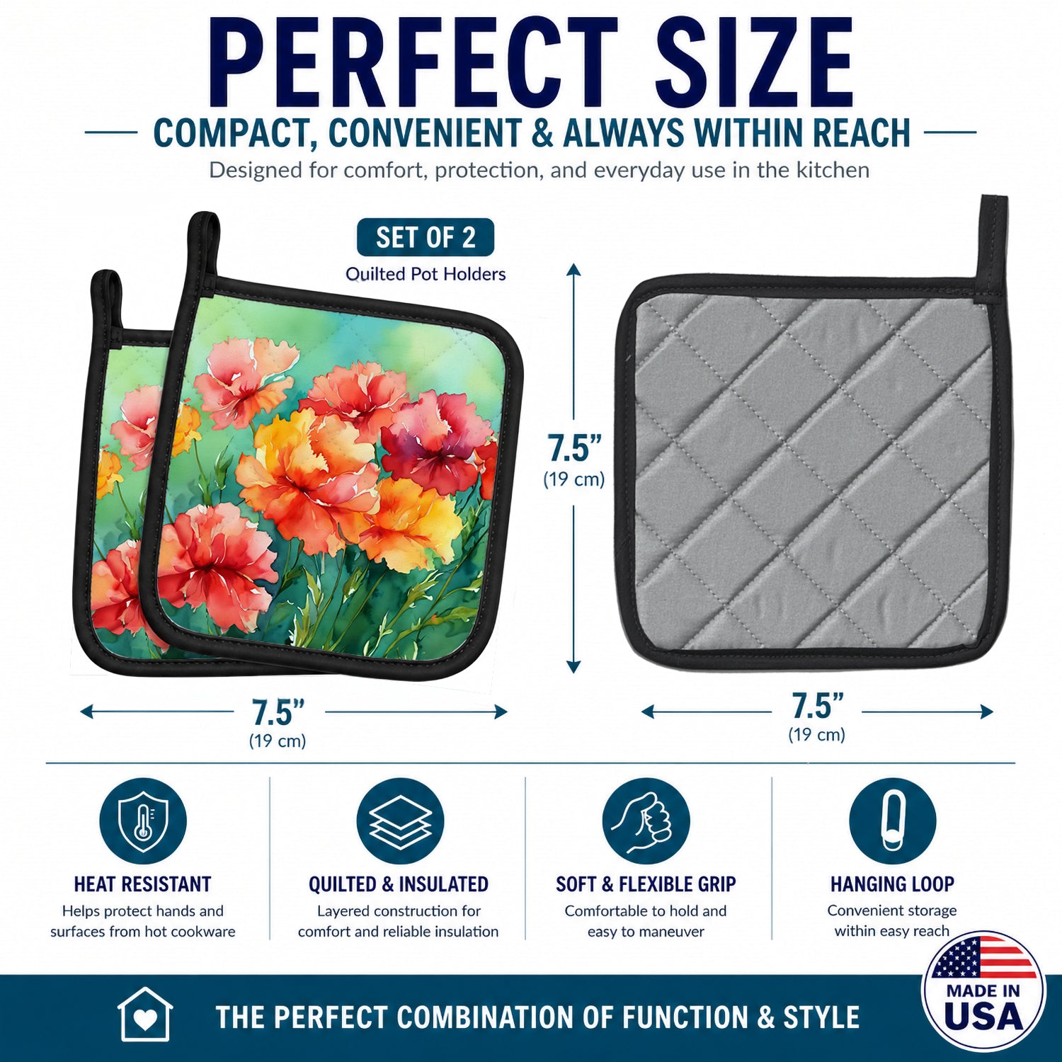 Ohio Scarlet Carnations in Watercolor Pot Holder Set of 2 Heat Resistant Quilted Hot Pads 7.5 x 7.5 Inch, Insulated Kitchen Trivets for Cooking & Baking