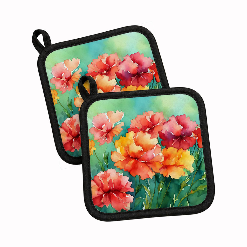 Ohio Scarlet Carnations in Watercolor Pot Holder Set of 2 Heat Resistant Quilted Hot Pads 7.5 x 7.5 Inch, Insulated Kitchen Trivets for Cooking & Baking