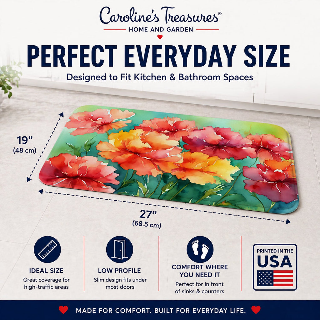 Ohio Scarlet Carnations in Watercolor Memory Foam Kitchen Mat Machine Washable Anti-Fatigue Cushion Comfort Bath or Kitchen Rug