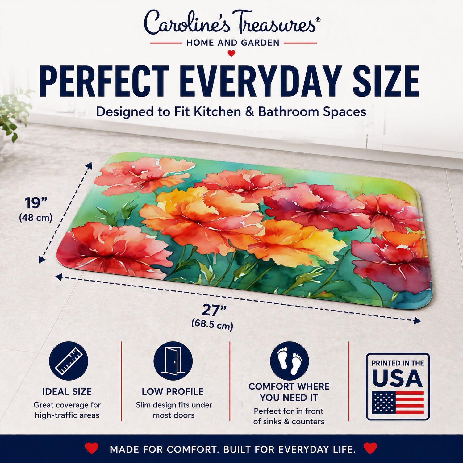 Ohio Scarlet Carnations in Watercolor Memory Foam Kitchen Mat Machine Washable Anti-Fatigue Cushion Comfort Bath or Kitchen Rug