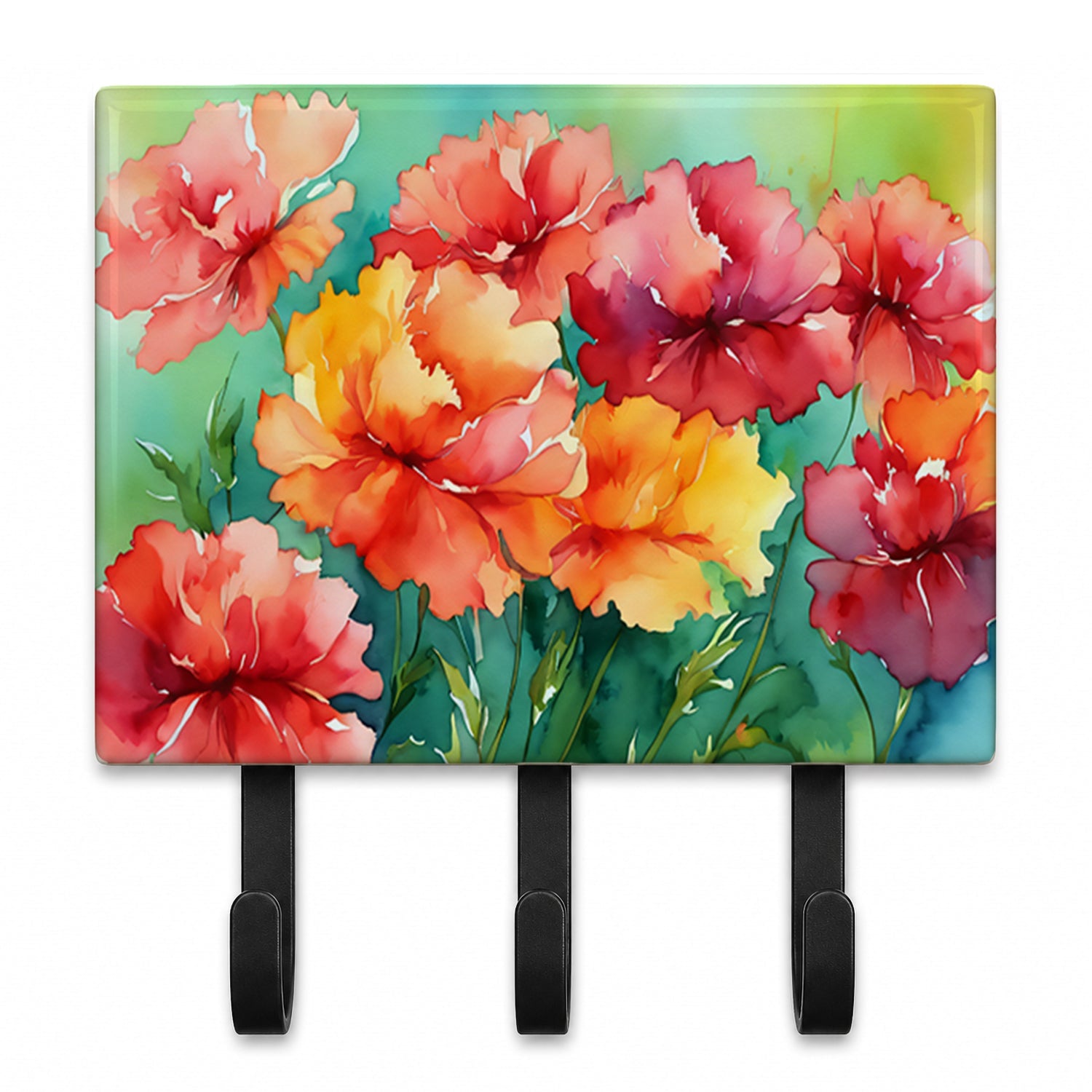 Ohio Scarlet Carnations in Watercolor Leash or Key Holder Wall Hooks, Coat Rack Wall Mount, for Hanging Keys, Towels, Aprons, Leashes
