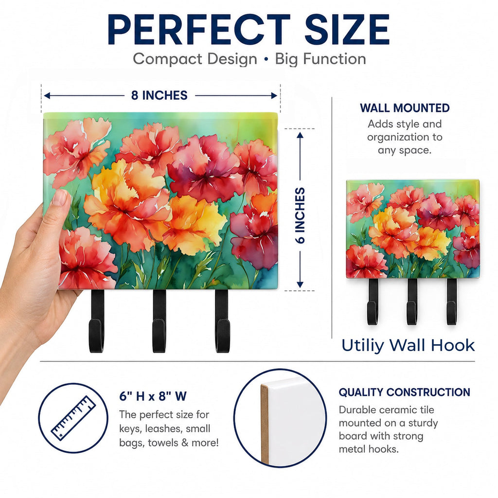 Ohio Scarlet Carnations in Watercolor Leash or Key Holder Wall Hooks, Coat Rack Wall Mount, for Hanging Keys, Towels, Aprons, Leashes