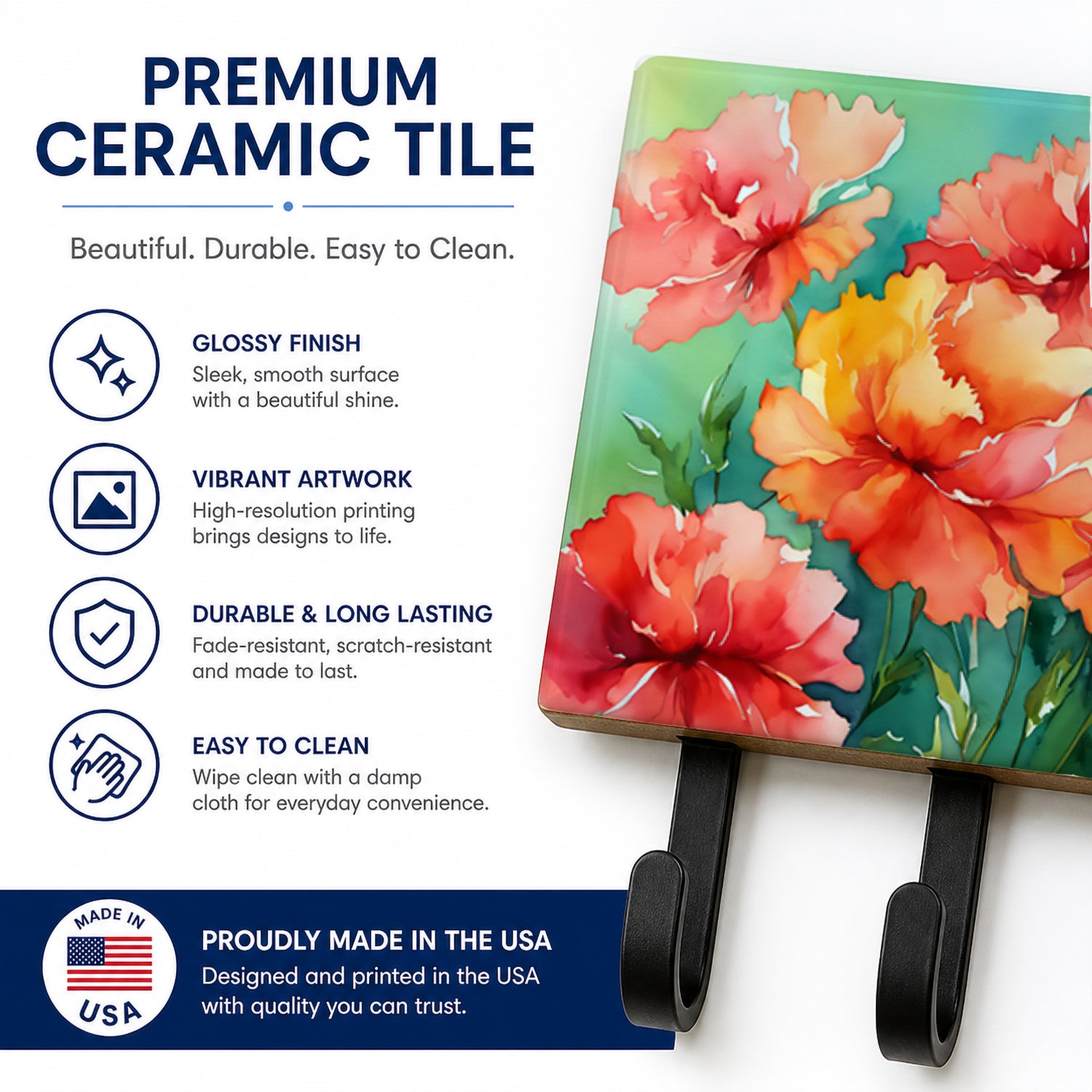 Ohio Scarlet Carnations in Watercolor Leash or Key Holder Wall Hooks, Coat Rack Wall Mount, for Hanging Keys, Towels, Aprons, Leashes