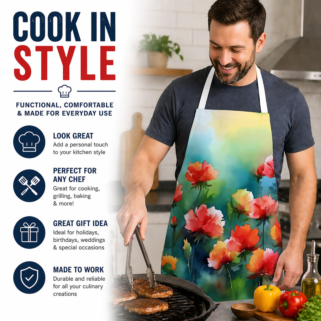 Ohio Scarlet Carnations in Watercolor Apron Cooking Kitchen Server Baking Crafts Gardening for Adult Women Men, Unisex, Large, Multicolor