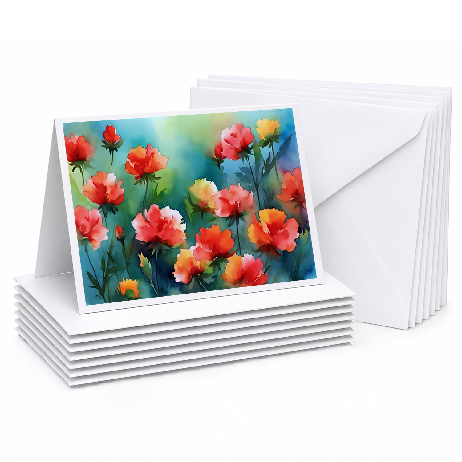 Ohio Scarlet Carnations in Watercolor Greeting Cards Pack of 8 Blank Cards with Envelopes Whimsical A7 Size 5x7