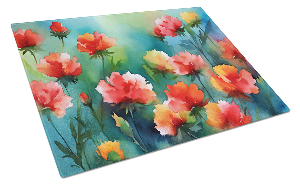 Ohio Scarlet Carnations in Watercolor Cutting Board Tempered Glass Kitchen Cutting Surface, Heat Resistant Chopping, Non-Slip Feet, Food Prep & Serving