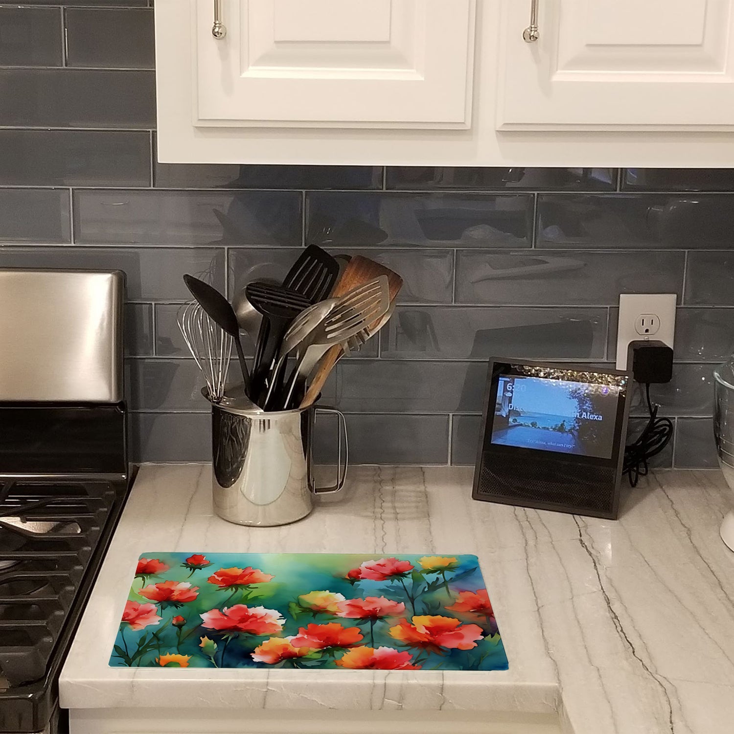 Ohio Scarlet Carnations in Watercolor Cutting Board Tempered Glass Kitchen Cutting Surface, Heat Resistant Chopping, Non-Slip Feet, Food Prep & Serving
