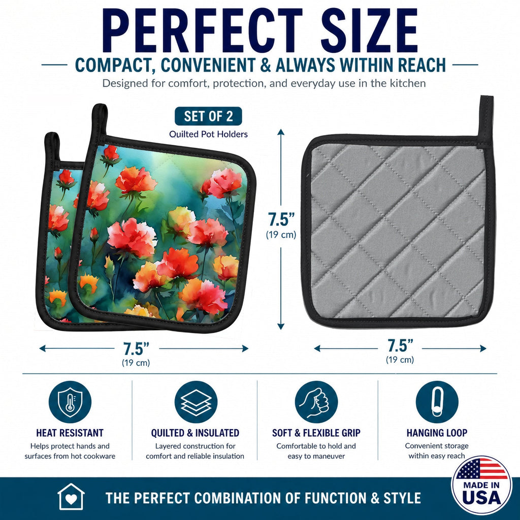 Ohio Scarlet Carnations in Watercolor Pot Holder Set of 2 Heat Resistant Quilted Hot Pads 7.5 x 7.5 Inch, Insulated Kitchen Trivets for Cooking & Baking