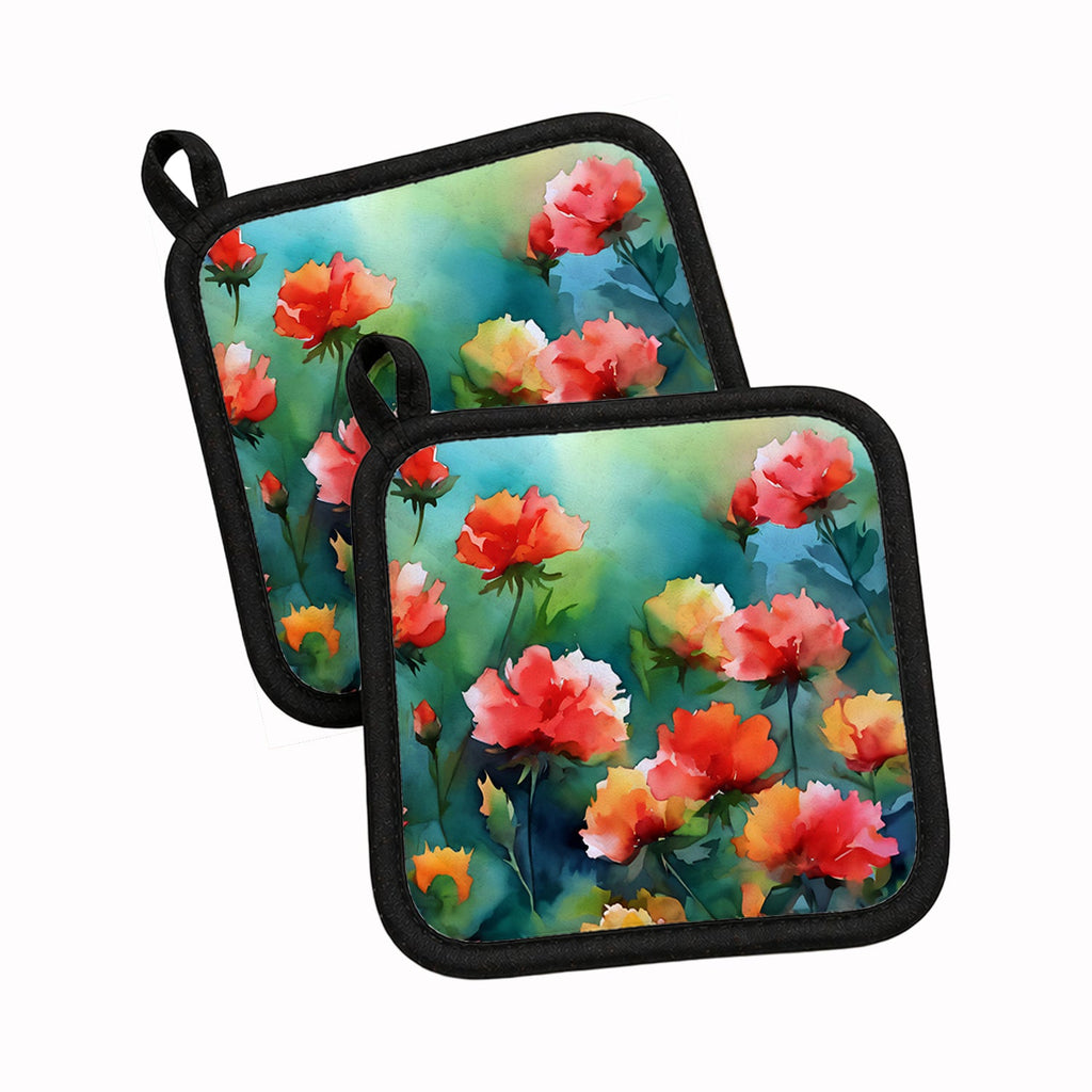 Ohio Scarlet Carnations in Watercolor Pot Holder Set of 2 Heat Resistant Quilted Hot Pads 7.5 x 7.5 Inch, Insulated Kitchen Trivets for Cooking & Baking