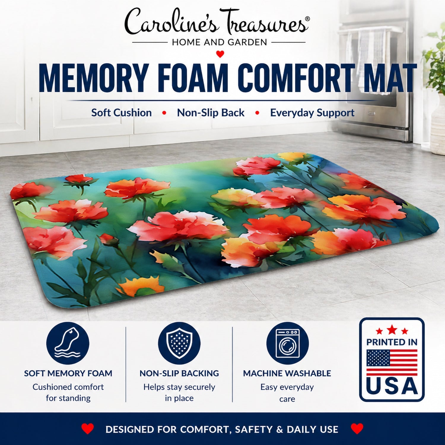 Ohio Scarlet Carnations in Watercolor Memory Foam Kitchen Mat Machine Washable Anti-Fatigue Cushion Comfort Bath or Kitchen Rug