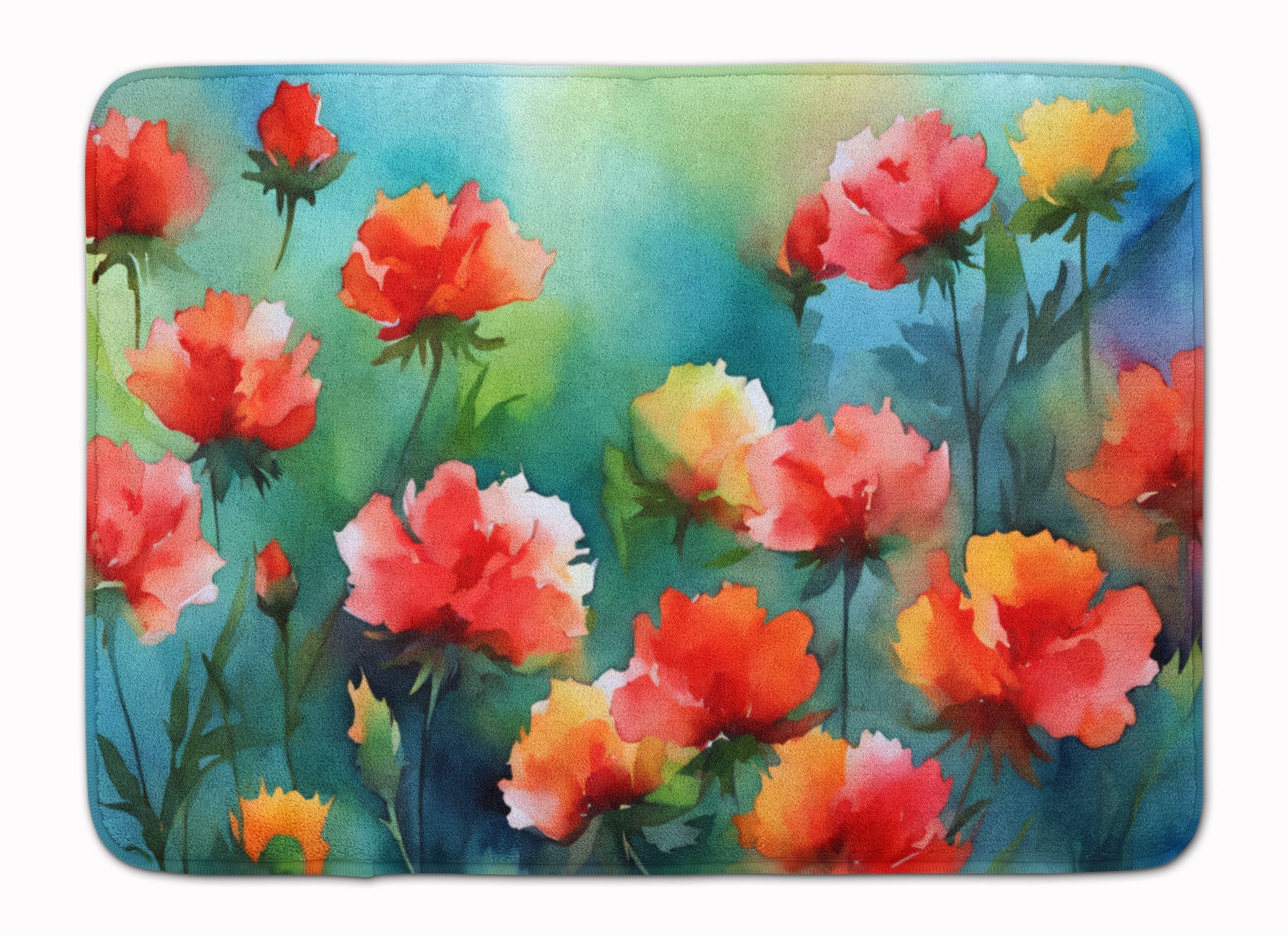 Ohio Scarlet Carnations in Watercolor Memory Foam Kitchen Mat Machine Washable Anti-Fatigue Cushion Comfort Bath or Kitchen Rug