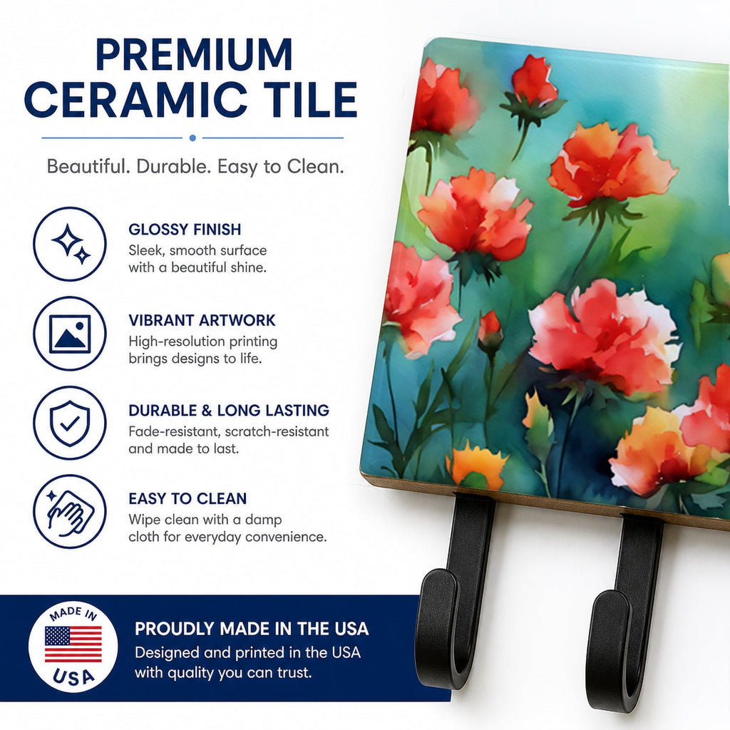 Ohio Scarlet Carnations in Watercolor Leash or Key Holder Wall Hooks, Coat Rack Wall Mount, for Hanging Keys, Towels, Aprons, Leashes