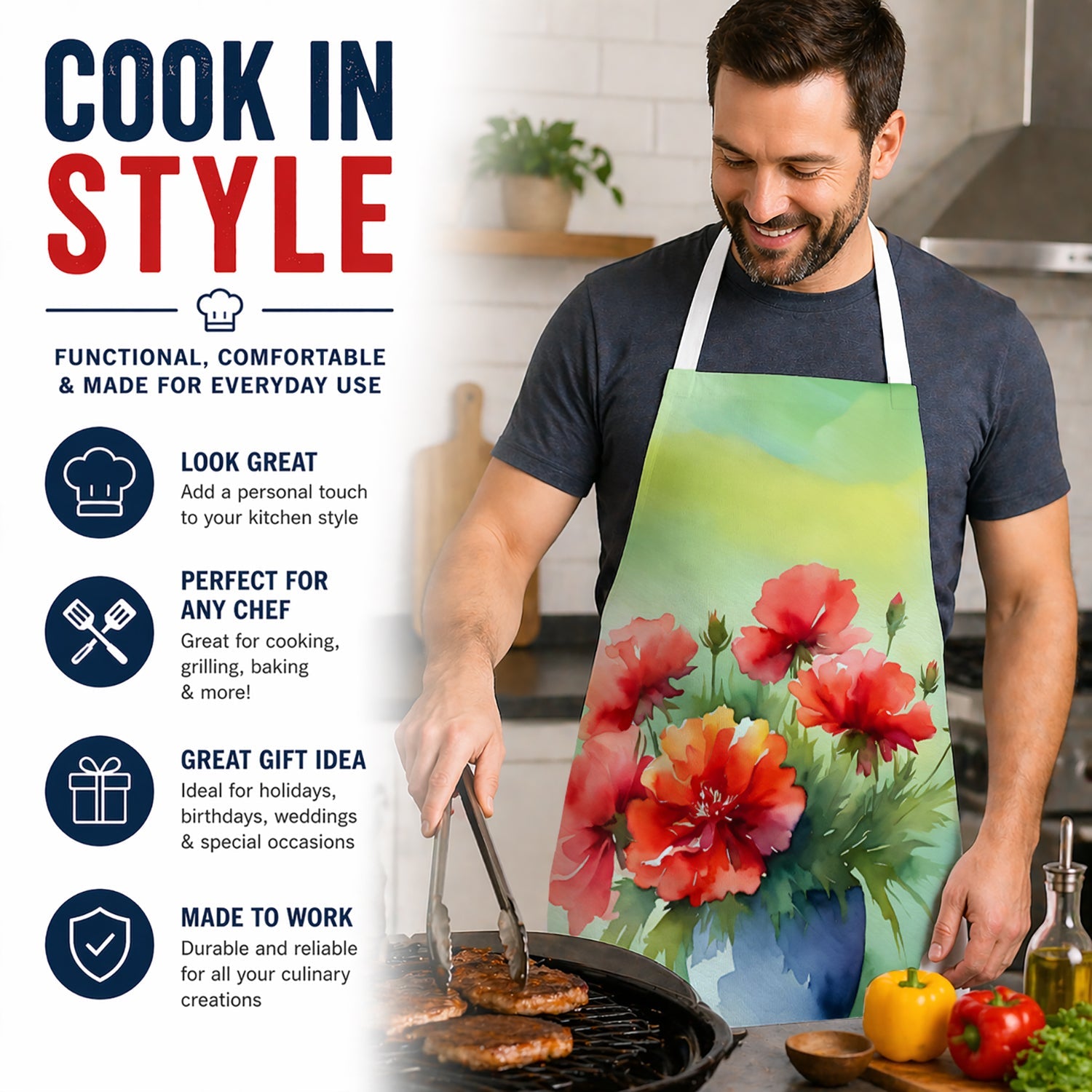 Ohio Scarlet Carnations in Watercolor Apron Cooking Kitchen Server Baking Crafts Gardening for Adult Women Men, Unisex, Large, Multicolor