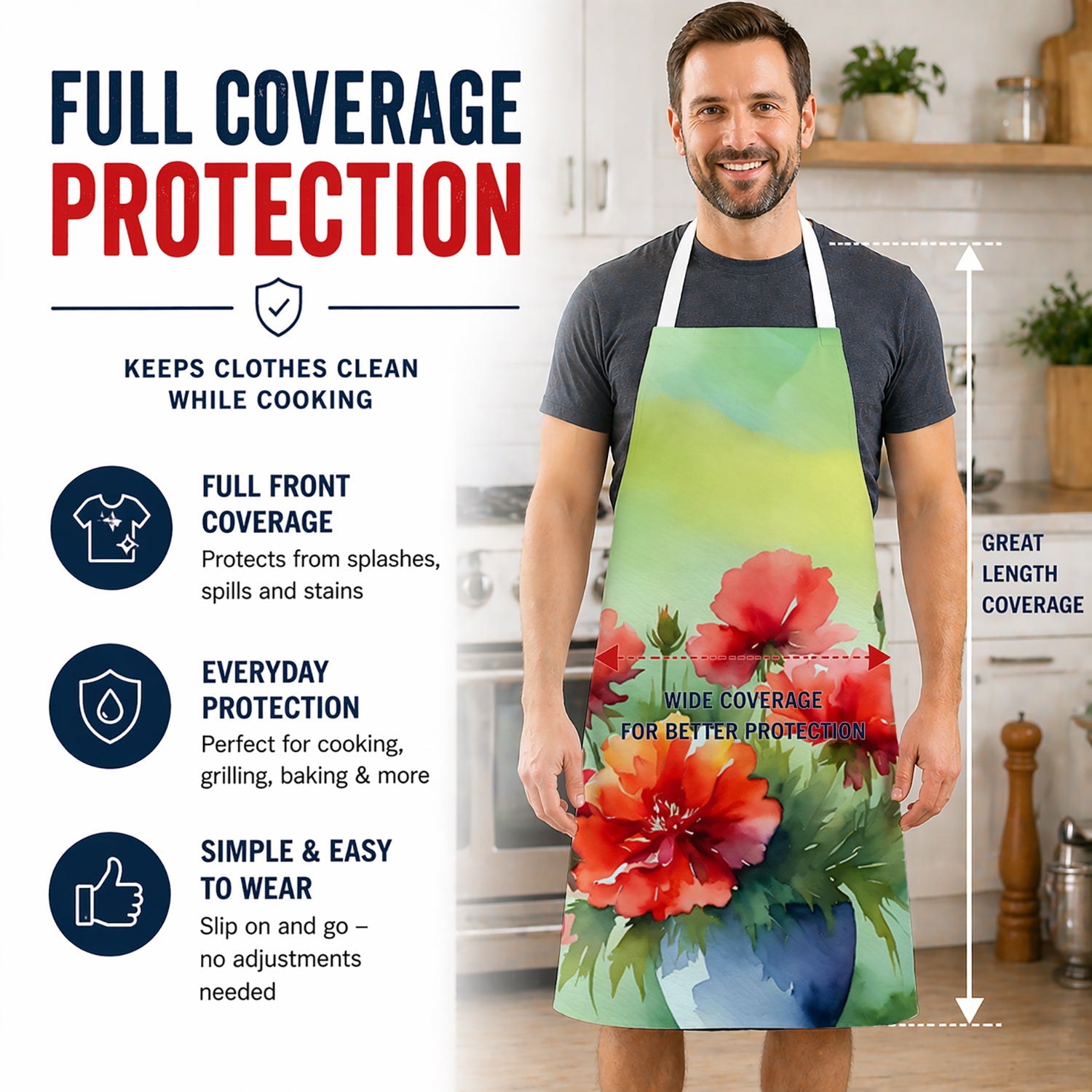 Ohio Scarlet Carnations in Watercolor Apron Cooking Kitchen Server Baking Crafts Gardening for Adult Women Men, Unisex, Large, Multicolor