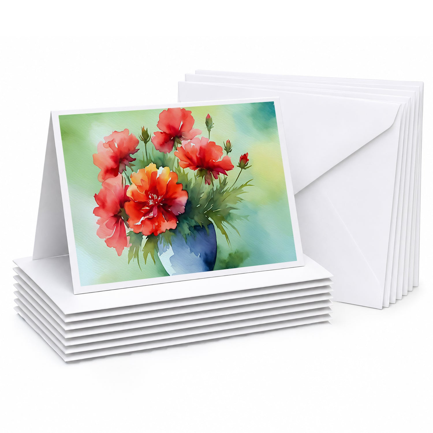 Ohio Scarlet Carnations in Watercolor Greeting Cards Pack of 8 Blank Cards with Envelopes Whimsical A7 Size 5x7