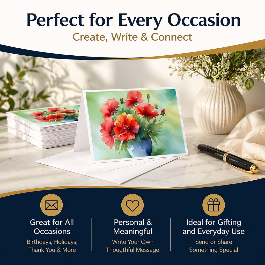 Ohio Scarlet Carnations in Watercolor Greeting Cards Pack of 8 Blank Cards with Envelopes Whimsical A7 Size 5x7