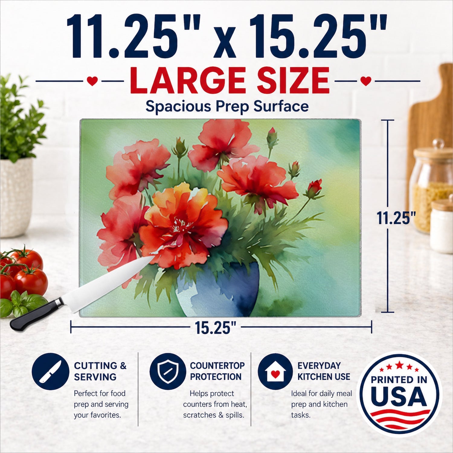 Ohio Scarlet Carnations in Watercolor Cutting Board Tempered Glass Kitchen Cutting Surface, Heat Resistant Chopping, Non-Slip Feet, Food Prep & Serving