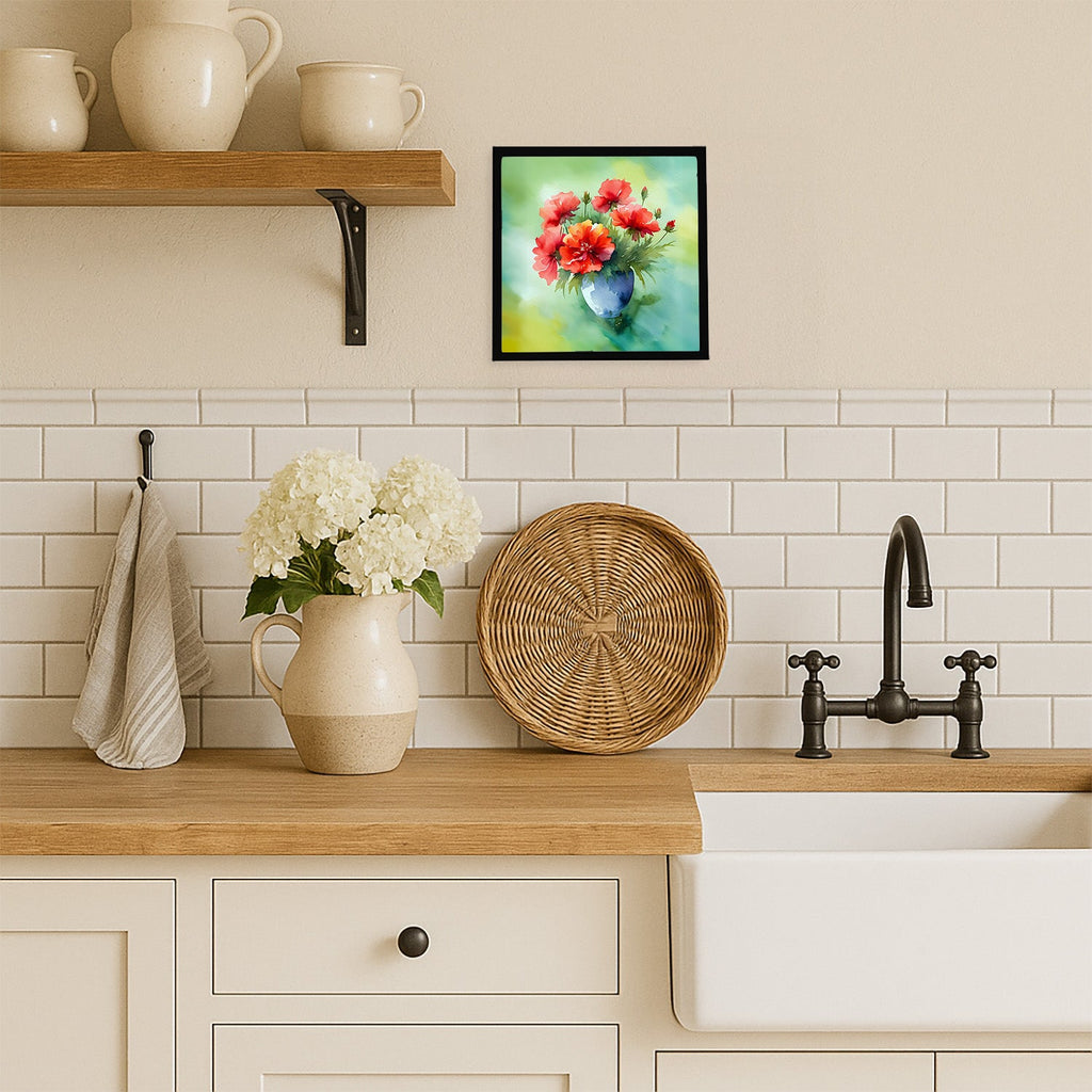 Ohio Scarlet Carnations in Watercolor Framed Metal Print Bathroom, Kitchen, Office, Home Decor Wall Art Ready to Hang, Square, 8X8