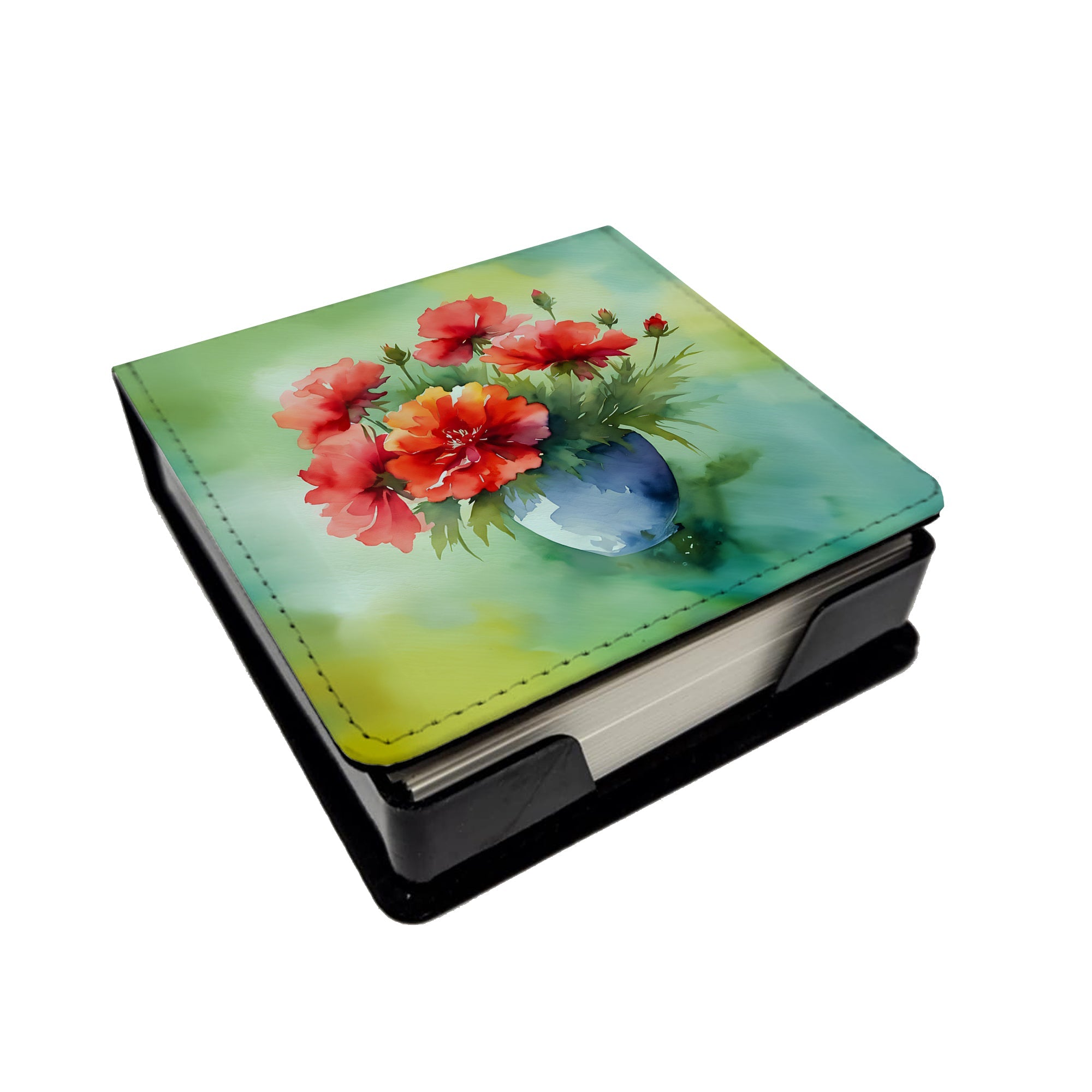 Ohio Scarlet Carnations in Watercolor PU Leather Note Paper Holder with Artist-Designed Cover, Desk Accessory, Office Gift