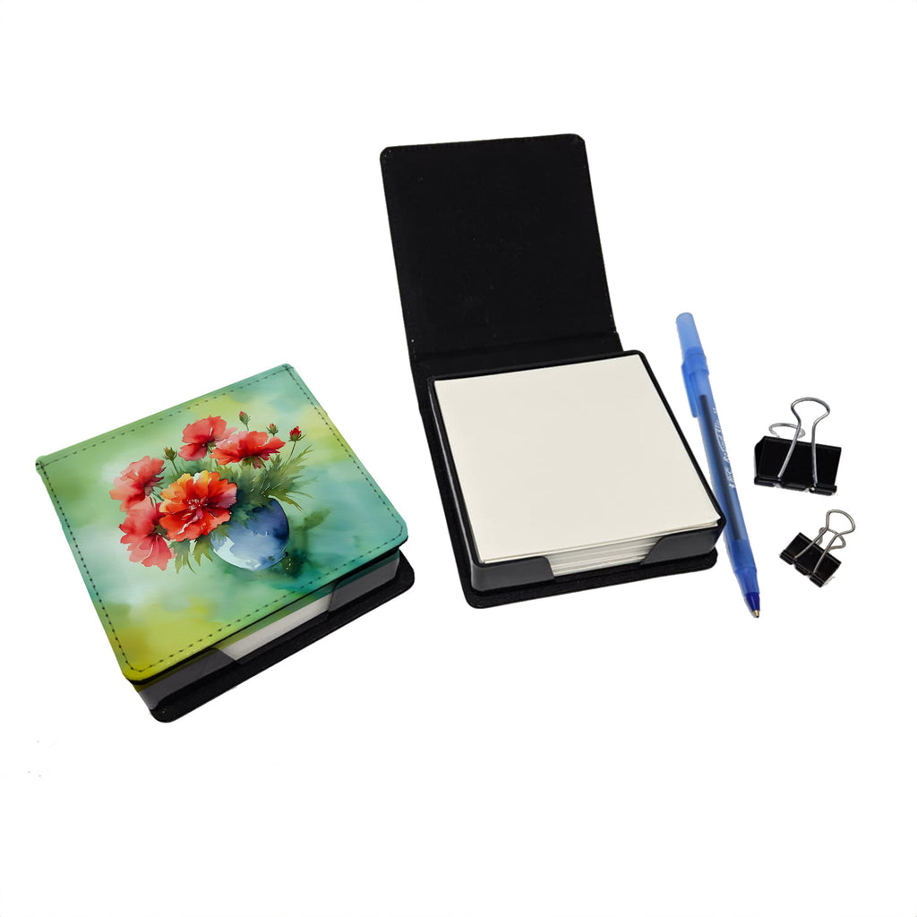 Ohio Scarlet Carnations in Watercolor PU Leather Note Paper Holder with Artist-Designed Cover, Desk Accessory, Office Gift