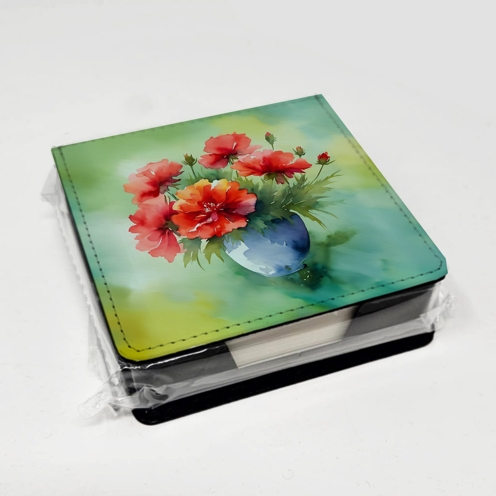 Ohio Scarlet Carnations in Watercolor PU Leather Note Paper Holder with Artist-Designed Cover, Desk Accessory, Office Gift