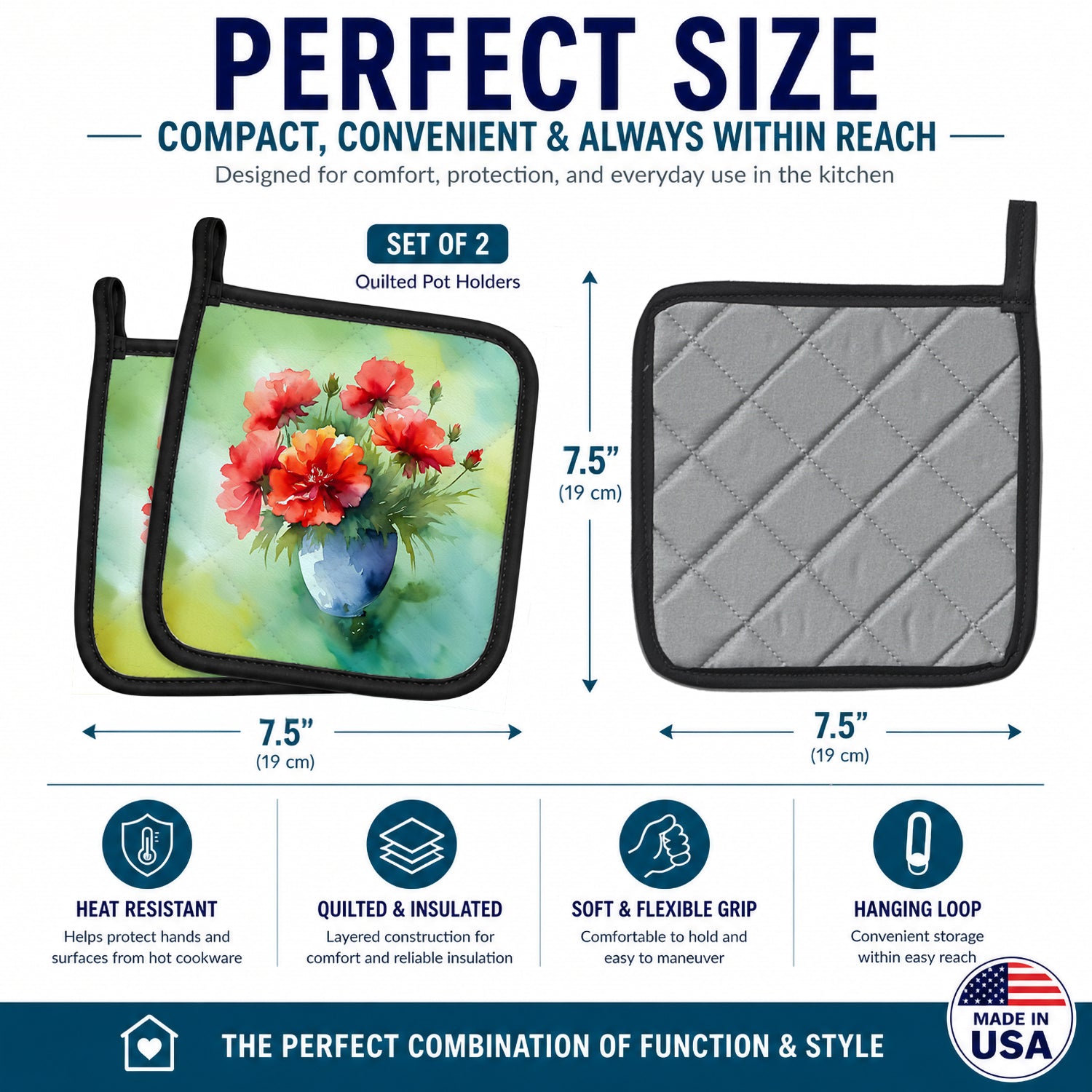 Ohio Scarlet Carnations in Watercolor Pot Holder Set of 2 Heat Resistant Quilted Hot Pads 7.5 x 7.5 Inch, Insulated Kitchen Trivets for Cooking & Baking
