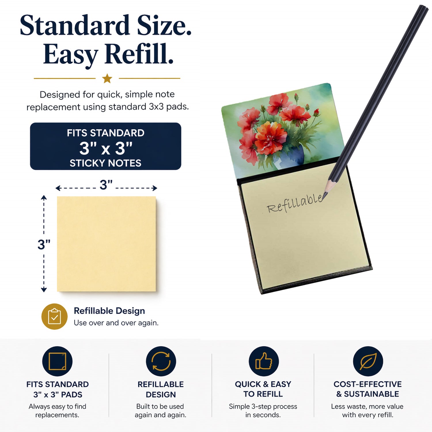 Ohio Scarlet Carnations in Watercolor Watercolor Sticky Note Holder Refillable Dispenser Desk Accessory 3x3 Pad Gift
