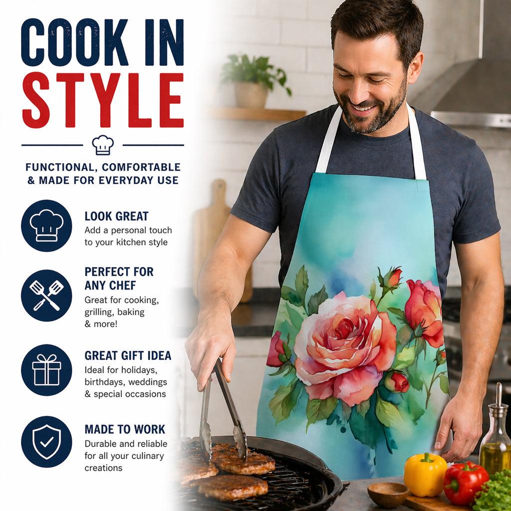 Oklahoma Roses in Watercolor Apron Cooking Kitchen Server Baking Crafts Gardening for Adult Women Men, Unisex, Large, Multicolor