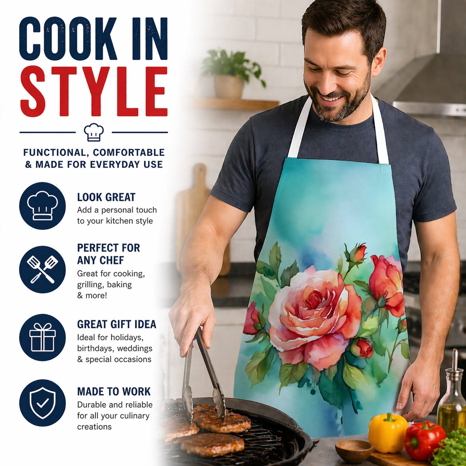 Oklahoma Roses in Watercolor Apron Cooking Kitchen Server Baking Crafts Gardening for Adult Women Men, Unisex, Large, Multicolor