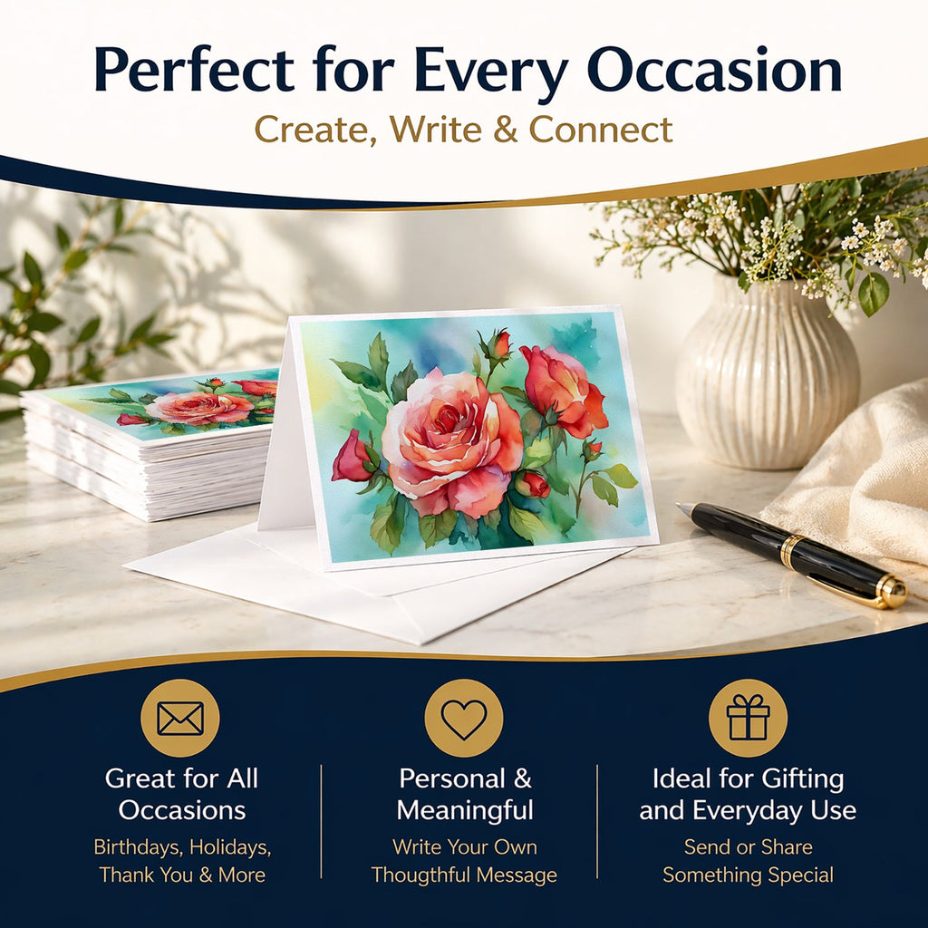 Oklahoma Roses in Watercolor Greeting Cards Pack of 8 Blank Cards with Envelopes Whimsical A7 Size 5x7