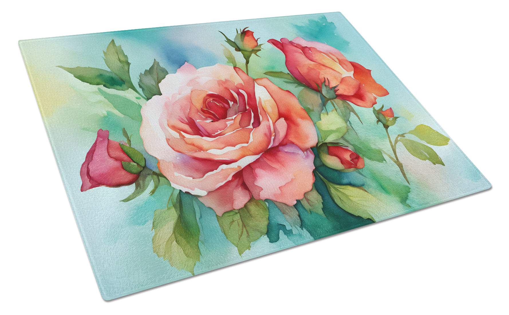 Oklahoma Roses in Watercolor Cutting Board Tempered Glass Kitchen Cutting Surface, Heat Resistant Chopping, Non-Slip Feet, Food Prep & Serving