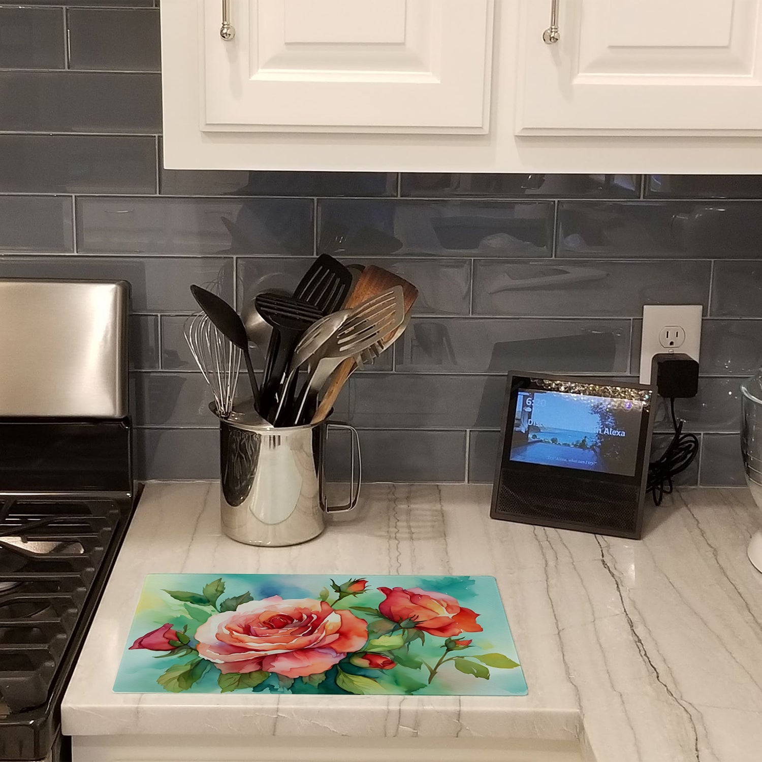 Oklahoma Roses in Watercolor Cutting Board Tempered Glass Kitchen Cutting Surface, Heat Resistant Chopping, Non-Slip Feet, Food Prep & Serving