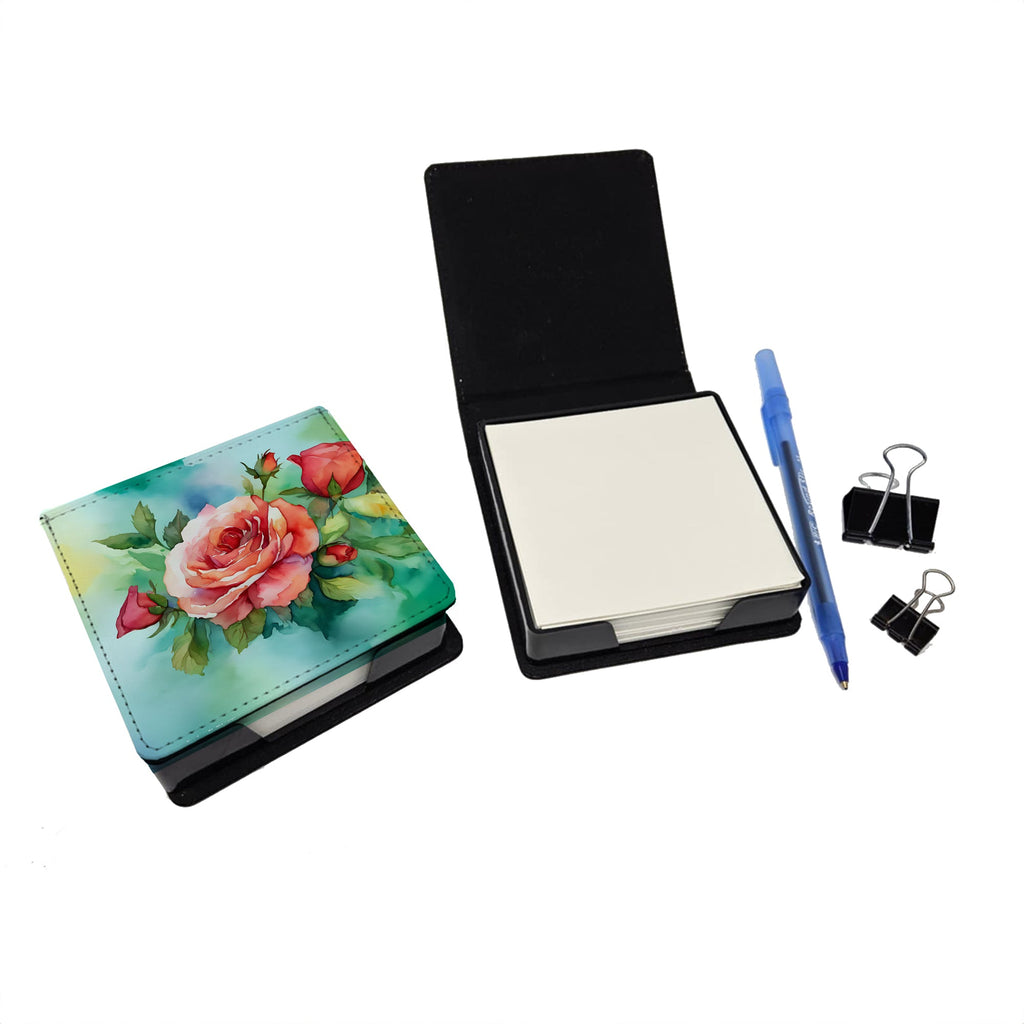 Oklahoma Roses in Watercolor PU Leather Note Paper Holder with Artist-Designed Cover, Desk Accessory, Office Gift