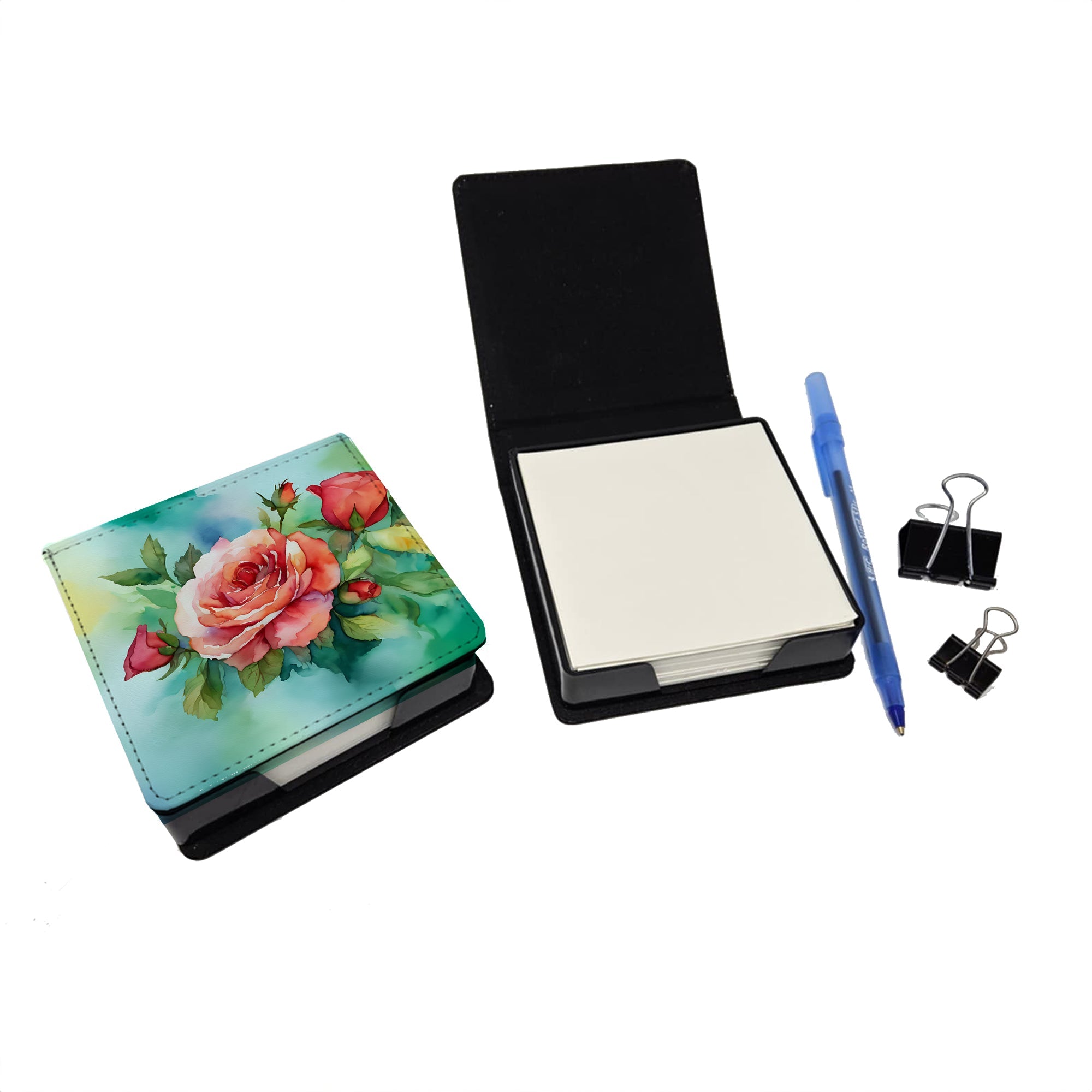 Oklahoma Roses in Watercolor PU Leather Note Paper Holder with Artist-Designed Cover, Desk Accessory, Office Gift